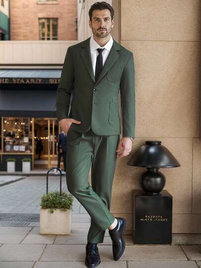 Manfinity Bizformal Men's Solid Color Minimalist Daily Wear Long Sleeve Blazer & Pants Business Formal Suit Set, Halloween Winter Vintage Old Money Festival Wedding Guest Prom Suits