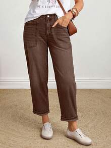 EMERY ROSE Quần jeans ống côn lưng thun co giãn giặt thường ngày cỡ lớn - Cà phê nâu - Xem 3