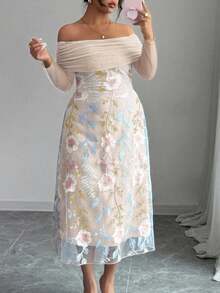 Modelyn 大码女式网纱拼接刺绣露肩长袖荷叶边连衣裙 - 杏色 - 查看 5