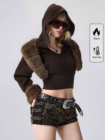 Felpa con cappuccio in maglia stile Y2K, Kpop, retrò e sexy, con patchwork e colletto in pelliccia