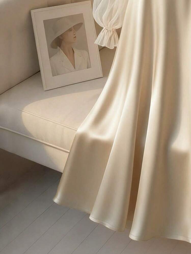 Franclia Vestido Longo de Manga Longa em Linha A com Decoração de Pérolas de Cetim Elegante Feminino, Adequado para Ir ao Trabalho, Festas e Eventos - Damasco - Visão 2