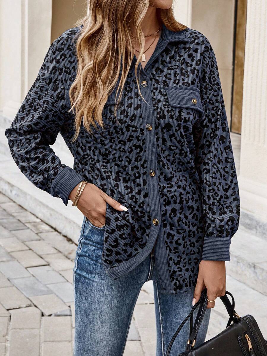 EMERY ROSE Plus Size Women Leopard Print Patchwork Shirt Style Jacket, Autumn/Winter - Blue - View 1