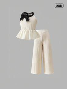 Sweetra Young Girl Summer New Black Collar Chic Sleeveless Crop Top And Casual Straight Leg Pants 2 Pieces Set, Woven Textured Fabric, Elegant And Minimalist - Multicolor - View 1