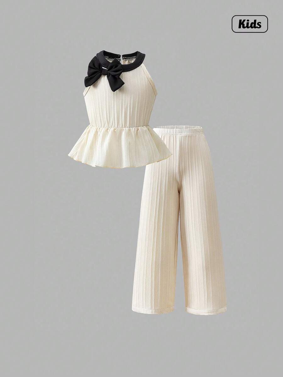 Sweetra Young Girl Summer New Black Collar Chic Sleeveless Crop Top And Casual Straight Leg Pants 2 Pieces Set, Woven Textured Fabric, Elegant And Minimalist - Multicolor - View 1