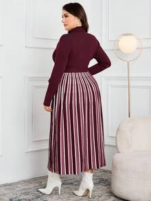 Modelyn Plus Size Casual Striped Patchwork Knit Dress, Autumn/Winter - Burgundy - View 2