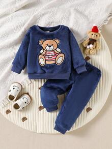 SHEIN Playful Pals Cute Round Neck Plush Baby Boy Outfit - Navy Blue - View 1