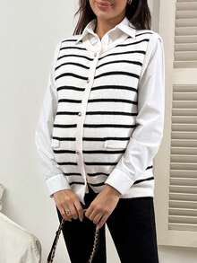 SHEIN Maternity Round Neck Striped Front Button Casual Sweater Vest