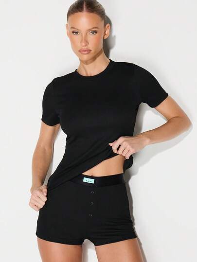 KIZN Conjunto de camiseta acanalada y pantalón corto con botones delanteros para mujer, ropa de estar en casa cómoda y ropa de dormir