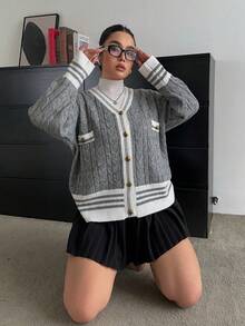 SHEIN CURVE+ Áo len cardigan cỡ lớn cho nữ, phong cách đại học mới cho mùa thu/đông - Xám - Xem 5