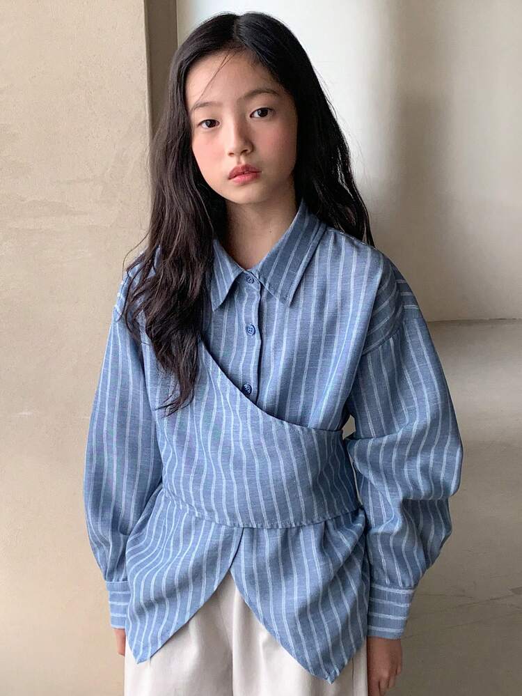 Tween Girls Turndown Collar Striped Long Sleeve Woven Shirt