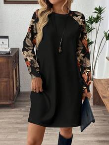 EMERY ROSE Women's Floral & Maple Leaf Print Sweatshirt Dress, Suitable For Autumn/Winter - Multicolor - View 4