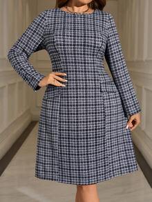 EMERY ROSE 大码优雅格纹收腰中长连衣裙，适合通勤。 - 彩色 - 查看 3