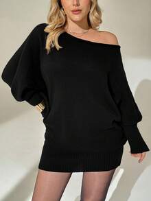 Auralis 大码女装秋冬时尚优雅宽松舒适保暖百搭黑色露肩长袖毛衣连衣裙，冬季连衣裙，秋季穿搭，女士冬装