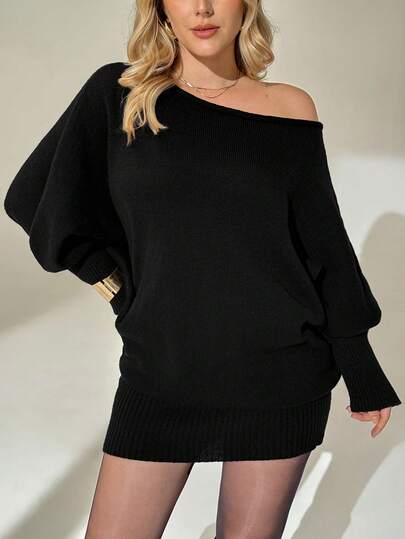 Auralis 大码女装秋冬时尚优雅宽松舒适保暖百搭黑色露肩长袖毛衣连衣裙，冬季连衣裙，秋季穿搭，女士冬装