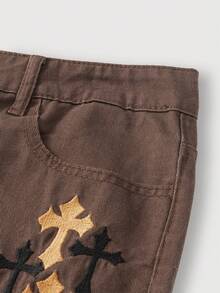 Manfinity Homme Quần Jeans Nam Ống Thẳng Thêu Chữ Thập Màu Cam Phong Cách Mỹ - Cà phê nâu - Xem 3