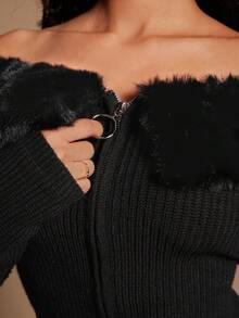 Radiana Modischer Damen Patchwork Cardigan mit Fellbesatz an den Schultern und Reißverschluss, Herbst