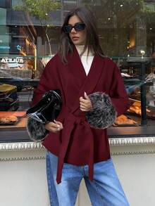 Aloruh Women's Elegant Wine Red Woolen Coat With Raglan Long Sleeves And Furry Cuffs, Autumn/Winter - Burgundy - View 3