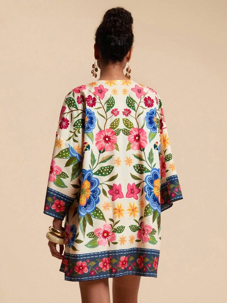 Travachic Women's Beach Vacation Casual Printed Open Front Cover Up,Vacation/Beach,Bathing Women Boho, Casual,Vacation,Summer Holiday,Vacation,Elegant,Going Out,Party,Beach,Summer Holiday, Tropical Vacation, Bohemian Outfits, Ibiza Outfits, Western Style - Multicolor - View 2