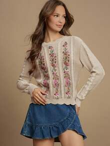 WESTFADE Floral Embroidered Cable Knit Crew Neck Long Sleeve Relaxed Knit Sweater - Apricot - View 4