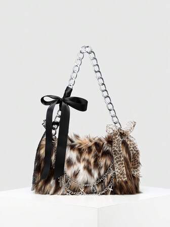 Kawaii Bolso de hombro/cruzado de mujer con capacidad grande, de pelo largo artificial, con estampado de leopardo y ciervo, de moda retro Y2K, grueso para otoño/invierno