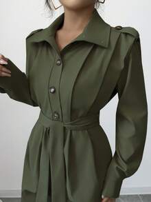 Chiquease 女士休闲百褶连体裤，宽松长袖，适合秋冬季，日常穿着，通勤，时尚 - 軍綠色 - 查看 3