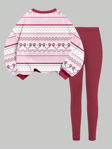 SHEIN Set de 2 piezas de sudadera con cuello redondo y leggings con estampado de lazo, floral y geométrico, informal y lindo para niñas preadolescentes, adecuado para otoño/invierno - Multicolor - Ver 3