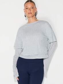 KIZN Double Layer Long Sleeve Crew Neck T-Shirt Cropped Casual Comfort Soft Jersey Knit Top Relaxed Fit Pullover - Grey - View 6