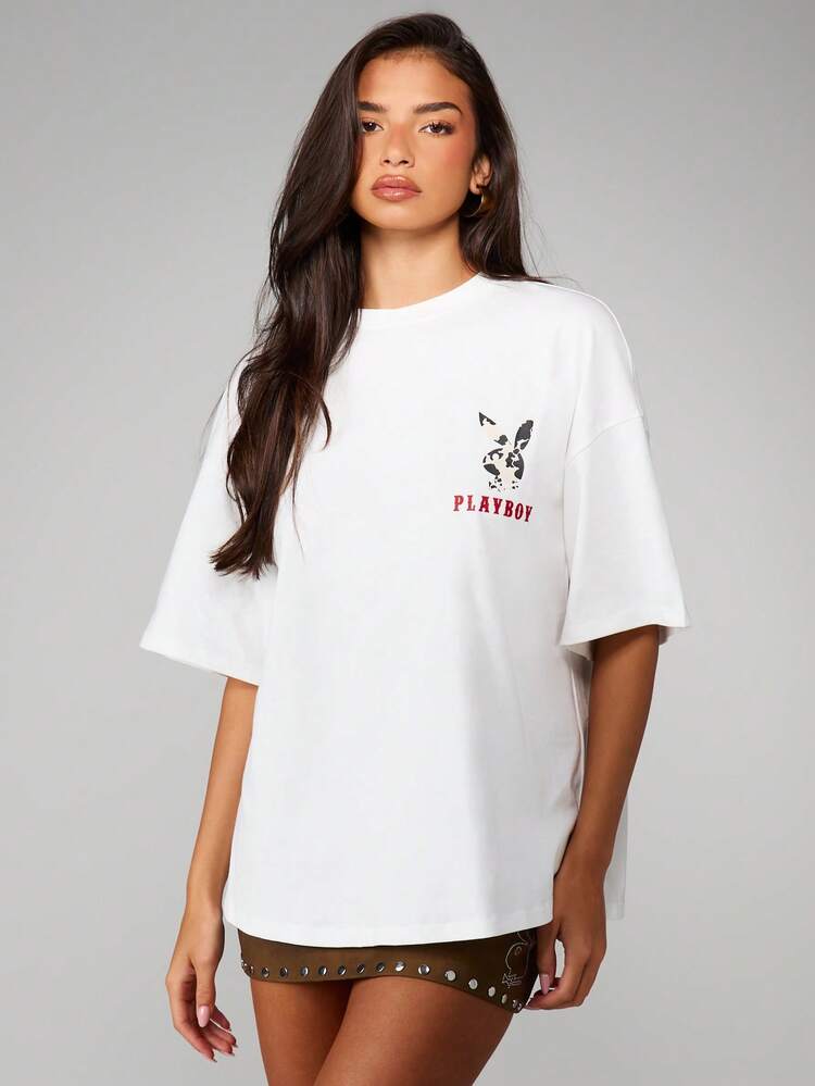 Missguided x Playboy T-shirt oversize à imprimé vache, avec déclaration sur le dos, manches courtes