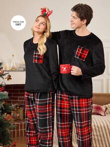 Lazeform Damen Karomuster Taschen Langarm Top & Lange Hose Kuschelige Flauschige Pyjama Kleidung Set, Herbst/Winter Damen Loungewear Sets Karierte Flauschige Pyjamas Damen, Weihnachten - Schwarz - Übersicht 8