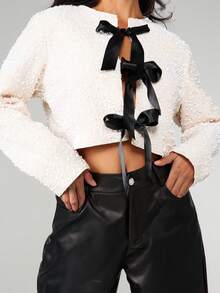 MISSGUIDED Christmas Sequin Embellished Cardigan Top With Black Bow Tie Front Closure Long Sleeve Holiday Party Blouse - Apricot - View 4