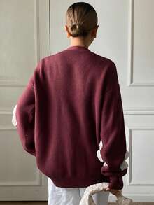DAZY Women's Elegant Contrast Color Floral Cardigan, Autumn - Burgundy - View 2