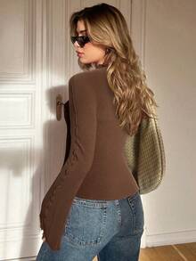 Siren Gaze Women's Solid Color Pleated Ruffle Trim Long Sleeve Casual Blouse Winter Brown Spring - Coffee Brown - View 2