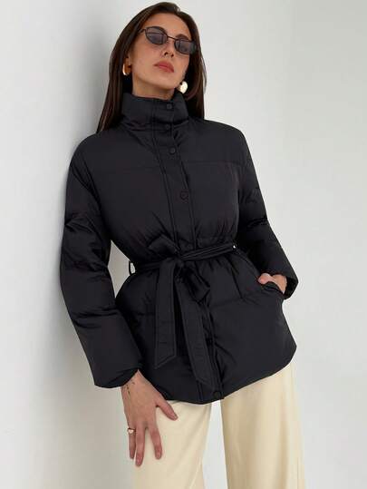 Aloruh 简约通勤黑色立领收腰长袖羽绒服，女款，秋冬款