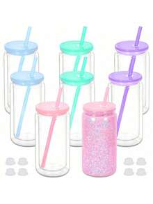 8 Pack 16 Oz Double Wall Snow Globe Tumblers, DIY Glitter Mason Jar Cups With Lid, Straw & Silicone Stopper - Handwash, BPA & PVC Free, Lightweight Plastic Water Bottles For Halloween & Thanksgiving - Multicolor - View 12