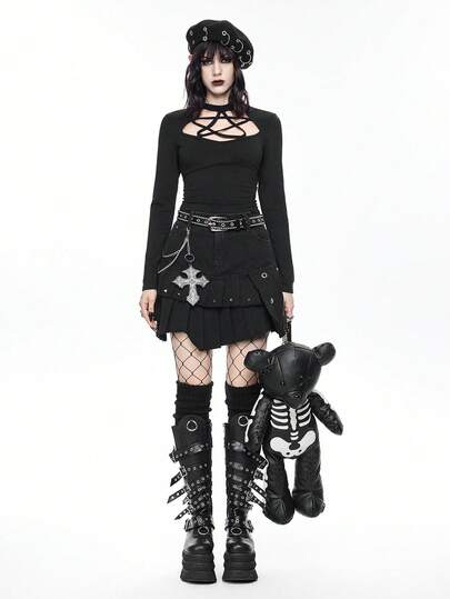 Women's Stand Collar Gothic Pentagram Print Long Sleeve Slim Fit T-Shirt