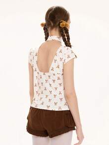 ROMWE Kawaii Women's Summer Fashion Bear Print Chest Ruched Contrast Lace T-Shirt - Apricot - View 5