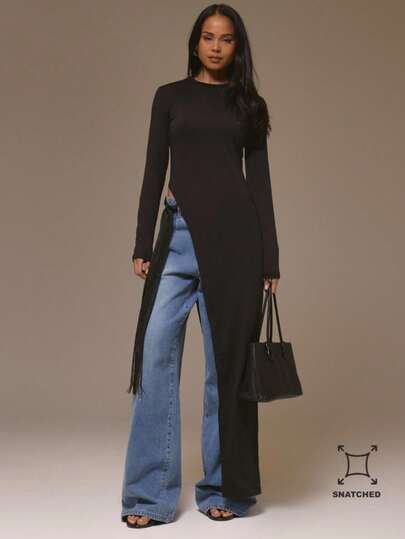 MUSERA Fitted Long Sleeve Extreme Maxi Asymmetrical Hem Top Cool Girl, Streetstyle, Cute, Fall, Autumn, Winter