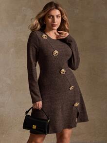 Elegantrix Plus Size Women Textured Floral Chiffon Ribbed Knit Rose Metal Button French Casual Split Dress, Autumn/Winter - Rust Brown - View 2