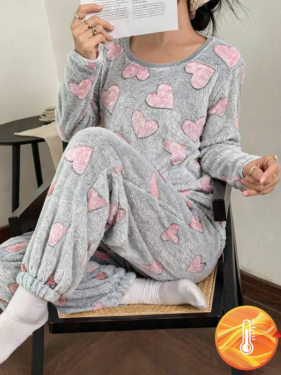 少女心形图案圆领长袖上衣和松紧腰裤睡衣套装 - 彩色 - 查看 1