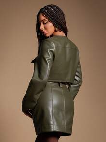 Radiana 女士新款春秋季PU皮革纽扣装饰修身迷你裙，时尚休闲别致修身半身裙 - 軍綠色 - 查看 4