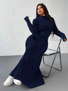 SHEIN EZwear 藏蓝色羊毛罗纹纹理休闲加大码长款连衣裙，秋冬款 - 藏蓝色 - 查看 4