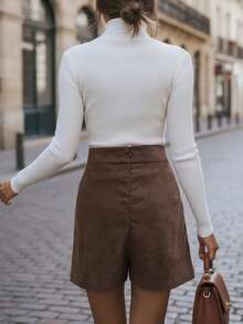 EMERY ROSE Women's Casual Button Decor Side Slit Mini Skirt-Shorts - Coffee Brown - View 2