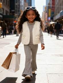 Trzyczęściowy strój dla młodej dziewczyny: beżowa, puszysta kamizelka, szary golf i rozszerzane spodnie. Kamizelka ma kieszenie i guziki w stylu vintage, sweter jest dopasowany, a spodnie mają zabawny, rozszerzany krój. Ten przytulny, a zarazem stylowy zestaw idealnie sprawdzi się na niezobowiązujące wyjścia, spotkania i nie tylko w sezonie jesienno-zimowym. - Biały - Zobacz 3