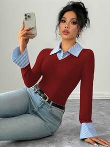 SHEIN PETITE Elegant Commuter Bodysuit, AB Splice Collar, Flared Cuffs, Long Sleeve, Half-Placket, Striped, Multi-Color, Women, Autumn/Winter - Burgundy - View 6