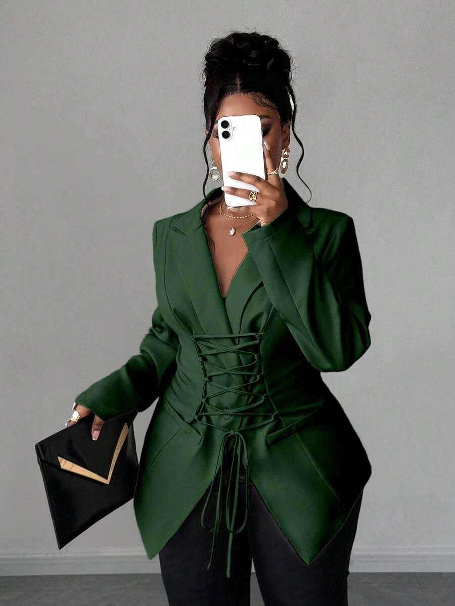 Maweii Bộ đồ công sở đi làm cỡ lớn dành cho nữ có thiết kế cà vạt, trưởng thành và quyến rũ - màu xanh lá - Xem 1