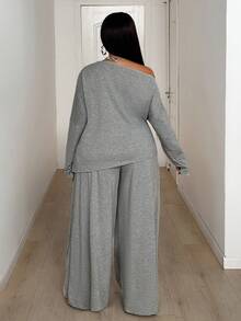 Maweii Bộ đồ 2 món đơn giản, rộng rãi, thoải mái, tay dài, nhún eo, size lớn, mùa thu - Xám - Xem 3