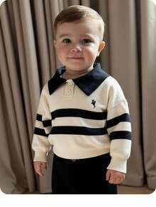 Baby Boy Contrast Stripe Drop Shoulder Half-Zip Casual Patchwork Collar Sweater