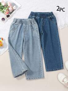 女童 Y2K 休闲松紧腰阔腿浅蓝色和中蓝色水洗宽松牛仔裤 - 彩色 - 查看 1