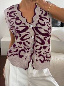 Siren Gaze 秋冬女士休闲豹纹提花针织毛衣背心 - 卡其色 - 查看 6