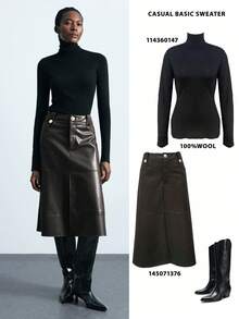 2025 都市经典黑色高领超长袖修身上衣，适合初秋、返校季、女士冬季服装，Maija 2025 秋冬女装，毛衣，万圣节服装，万圣节女装，圣诞节毛衣，黑色上衣 - 黑色 - 查看 1